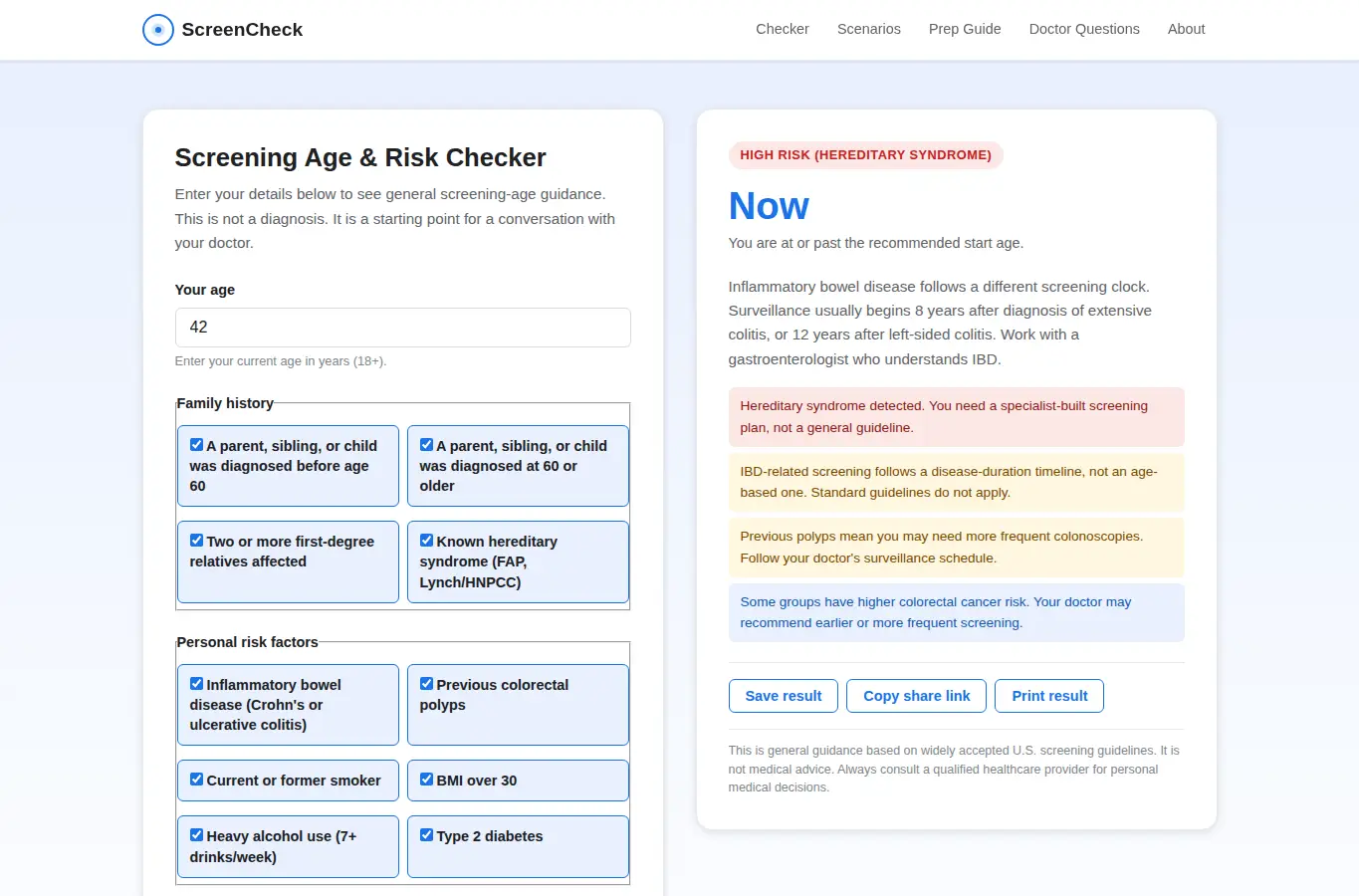 Screenshot of Colorectal Cancer Screening Age & Risk Checker interface showing the project page in use